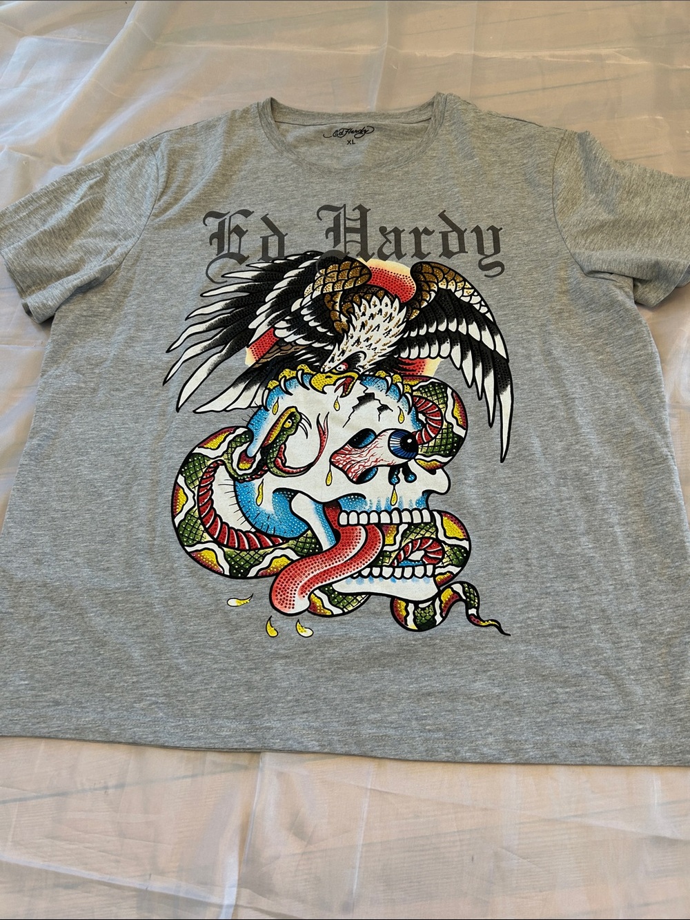 Ed Hardy Light Gray Tee with Multicolor Skull, Snake & Eagle Graphic